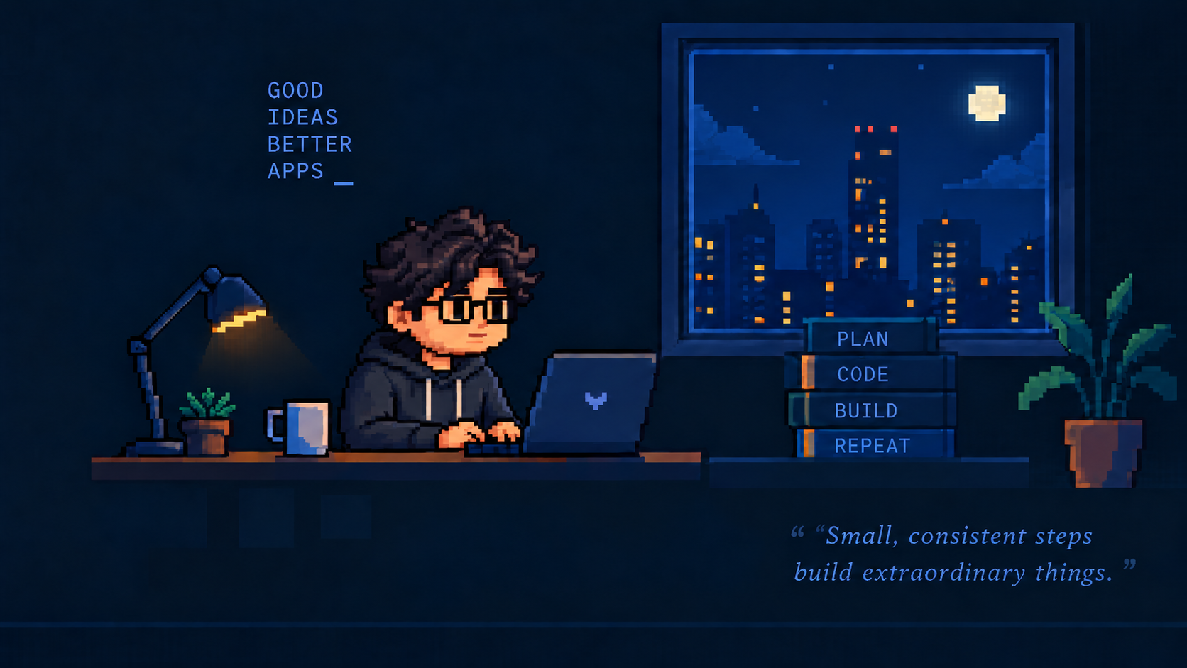 Pixel art developer working at a desk beside a city window